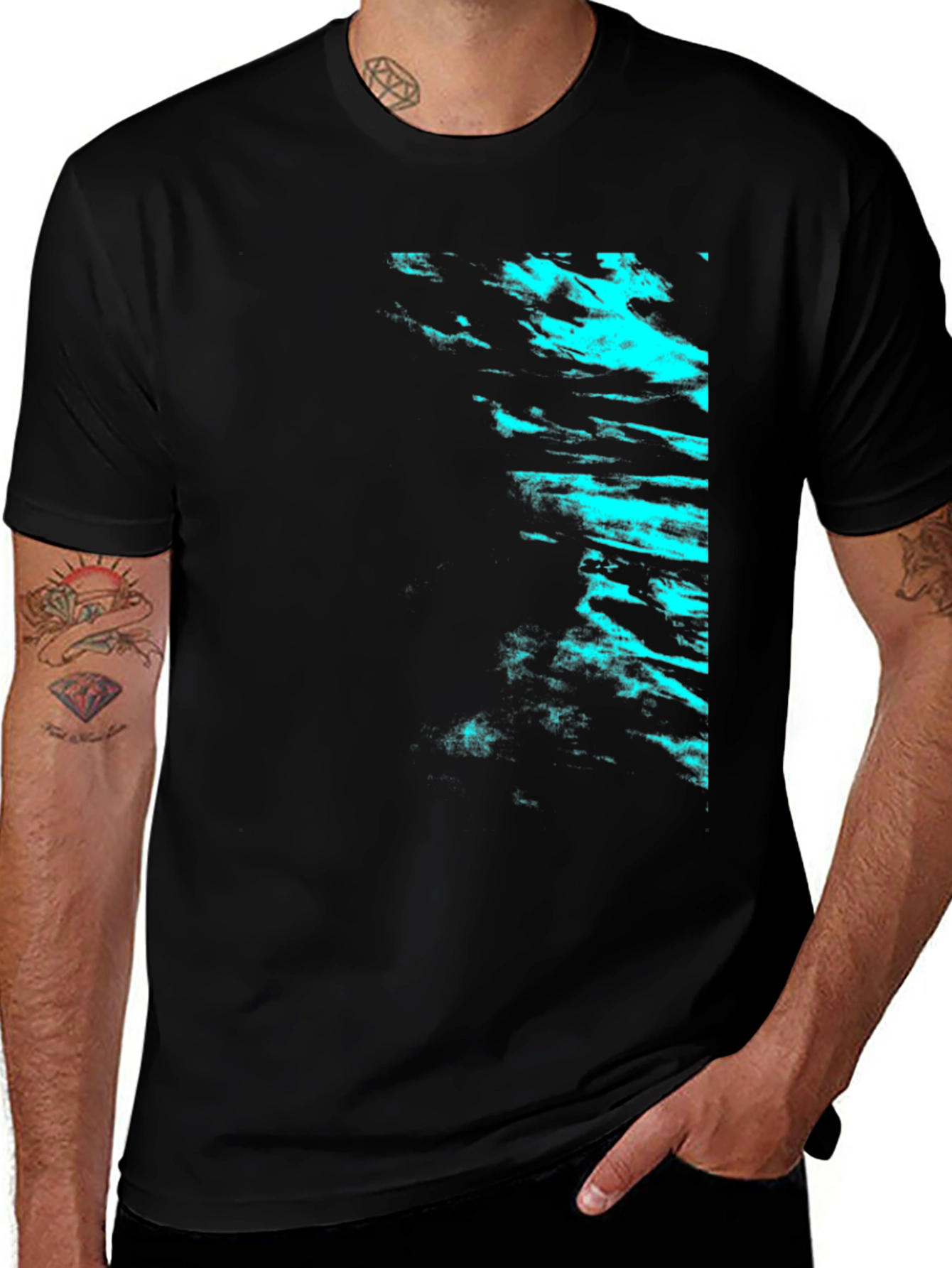 Black Tee with Cyan Abstract Design