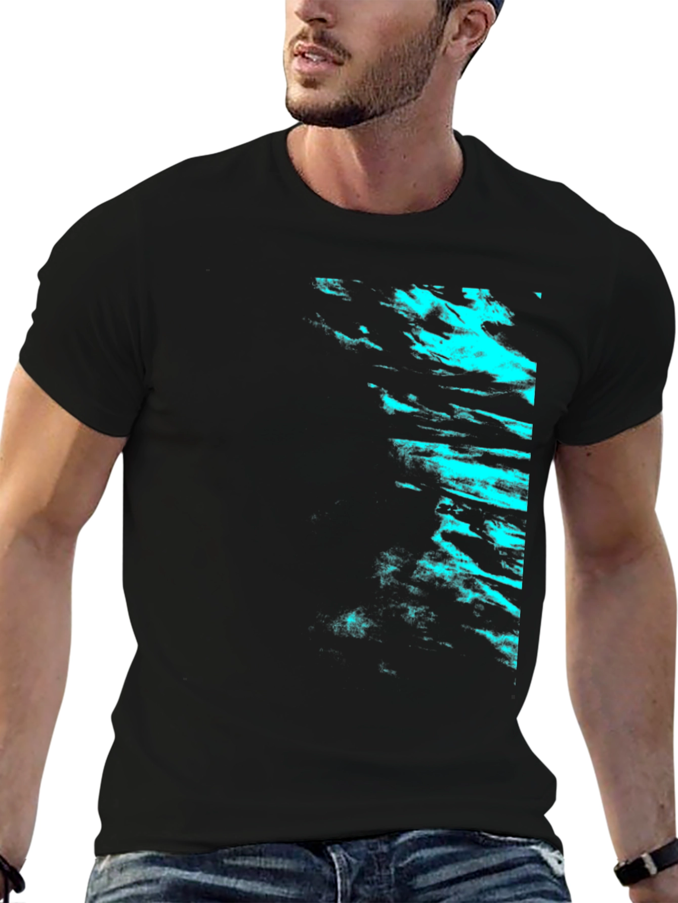 Black Tee with Cyan Abstract Design