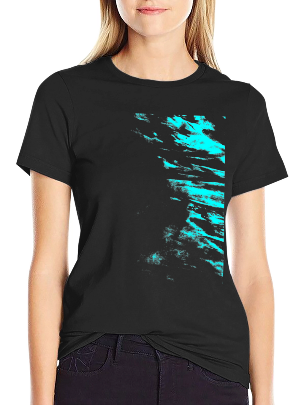 Black Tee with Cyan Abstract Design