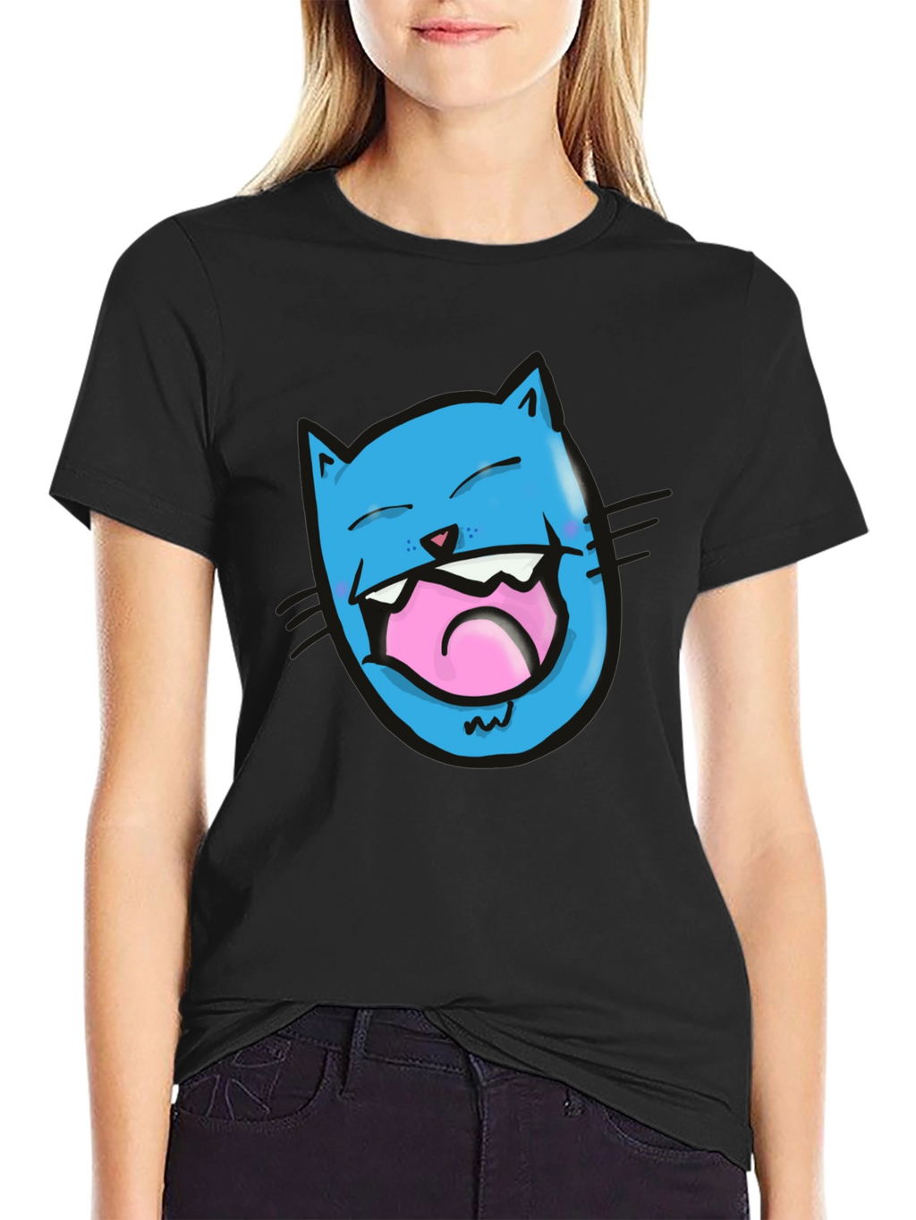 Laughing Cat Graphic T-Shirt - Black Cotton Tee
