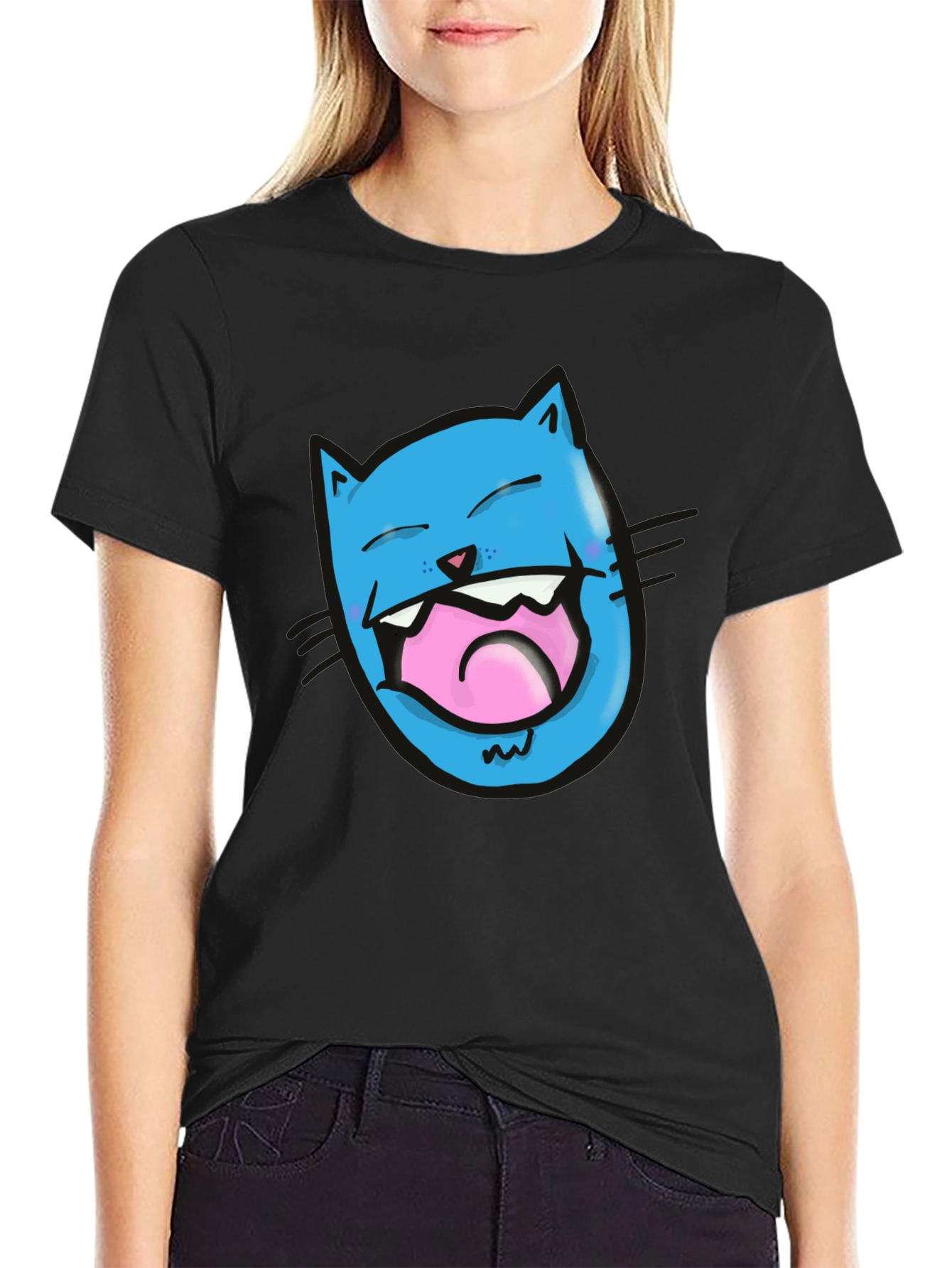 Laughing Cat Graphic T-Shirt - Black Cotton Tee