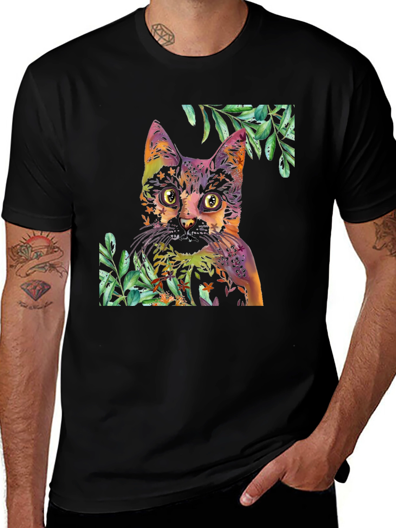 Colorful Cat & Floral T-Shirt - Artistic Design