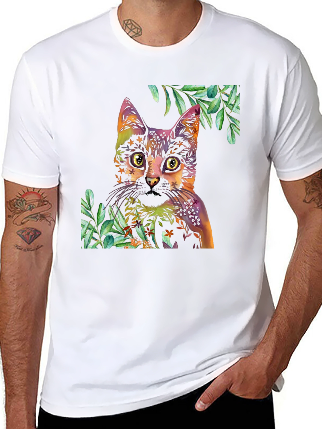 Colorful Cat & Floral T-Shirt - Artistic Design