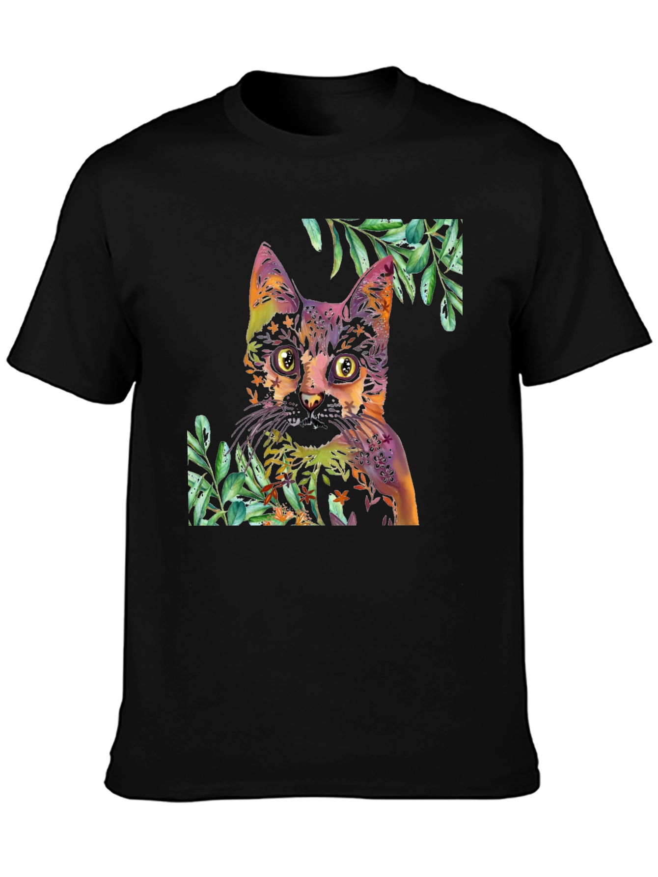 Colorful Cat & Floral T-Shirt - Artistic Design