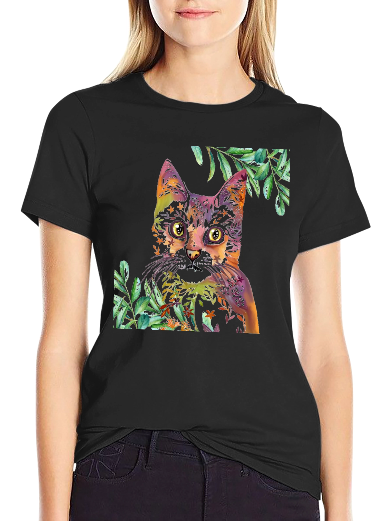 Colorful Cat & Floral T-Shirt - Artistic Design