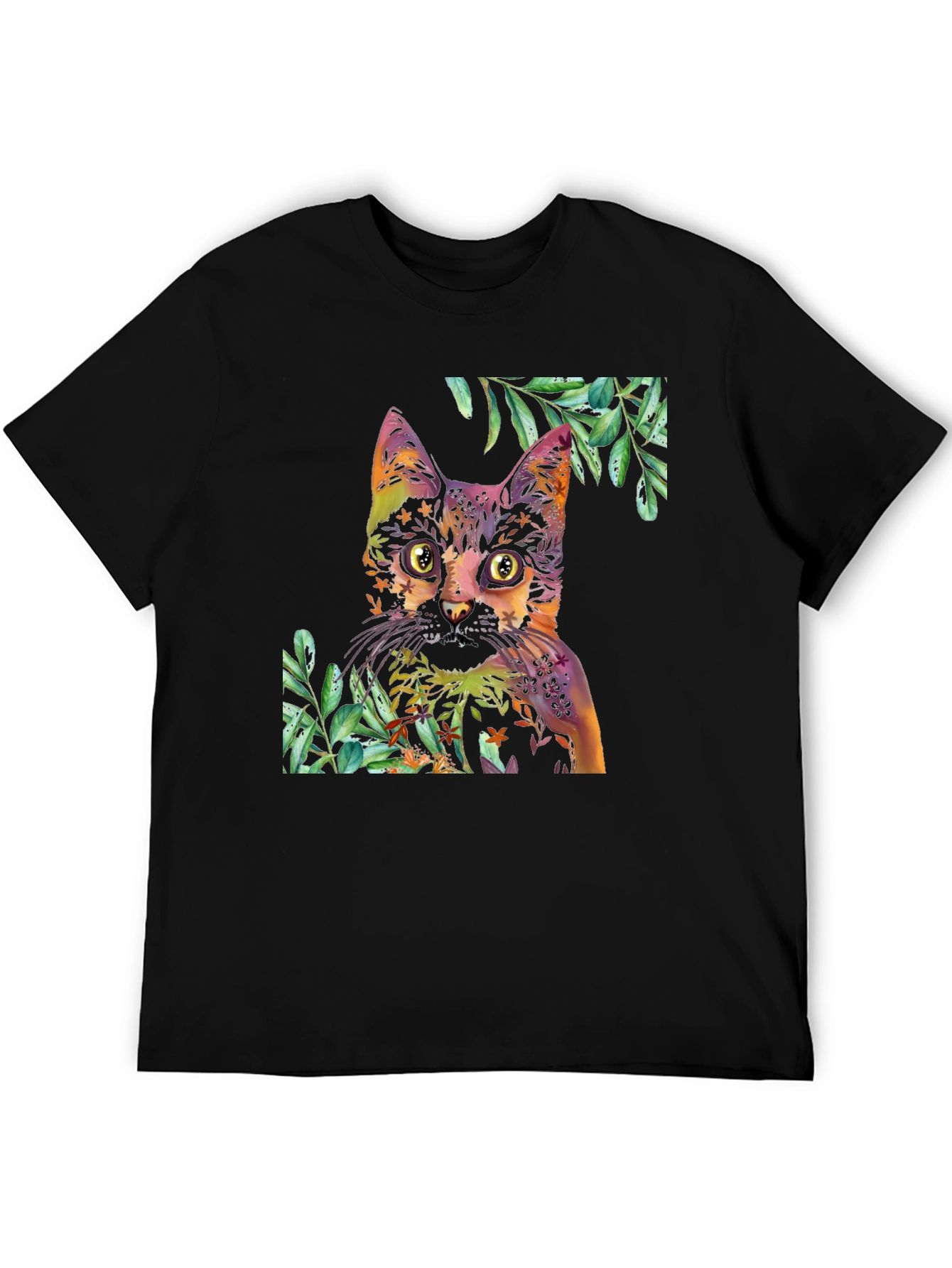Colorful Cat & Floral T-Shirt - Artistic Design