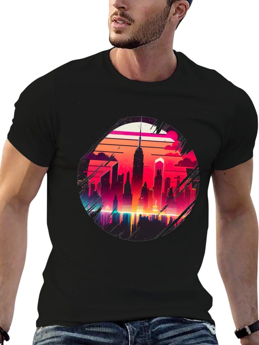 Retro Cityscape Graphic Tee - Black