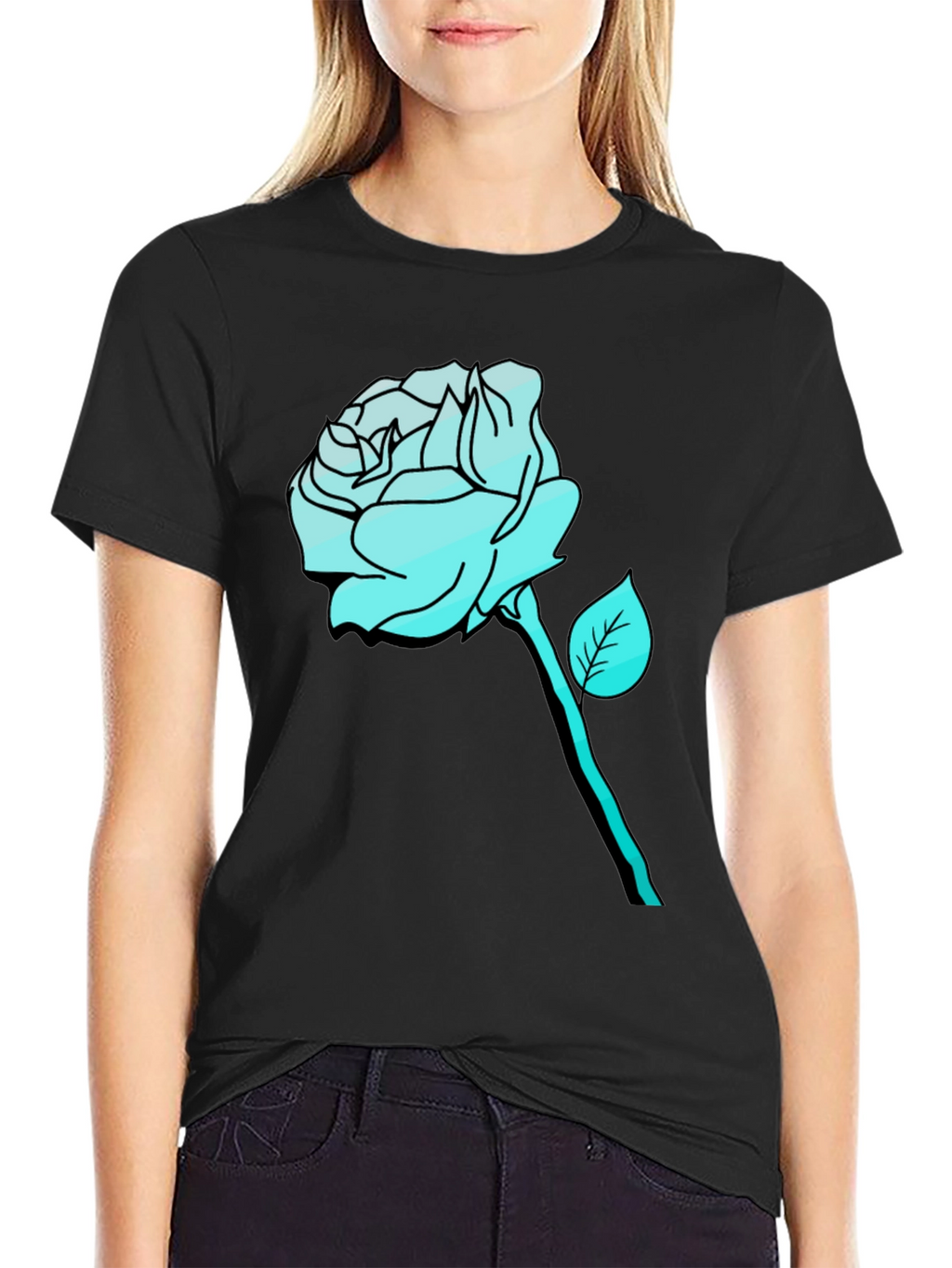 Mens Black T-Shirt with Aqua Rose Graphic