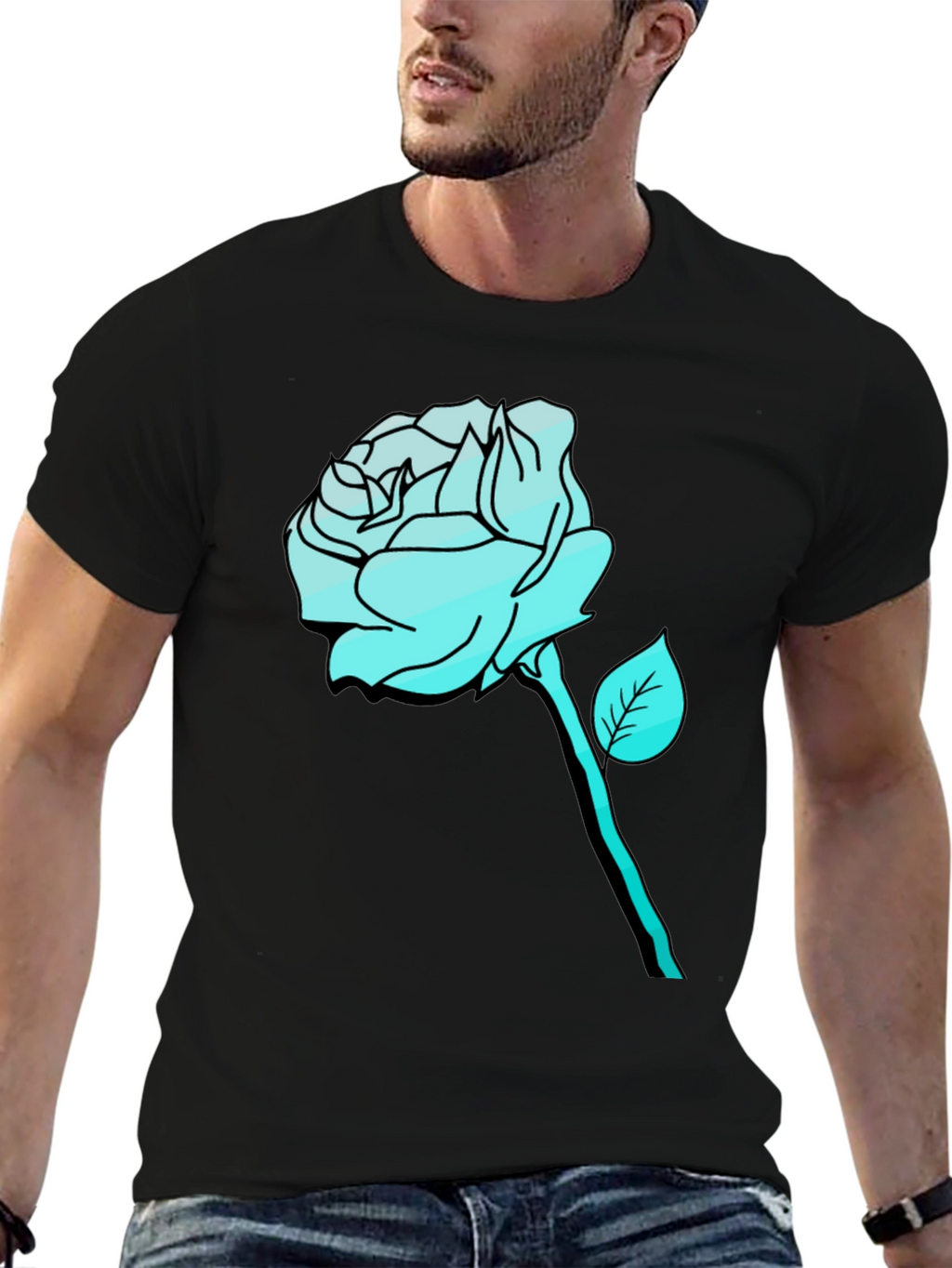 Mens Black T-Shirt with Aqua Rose Graphic