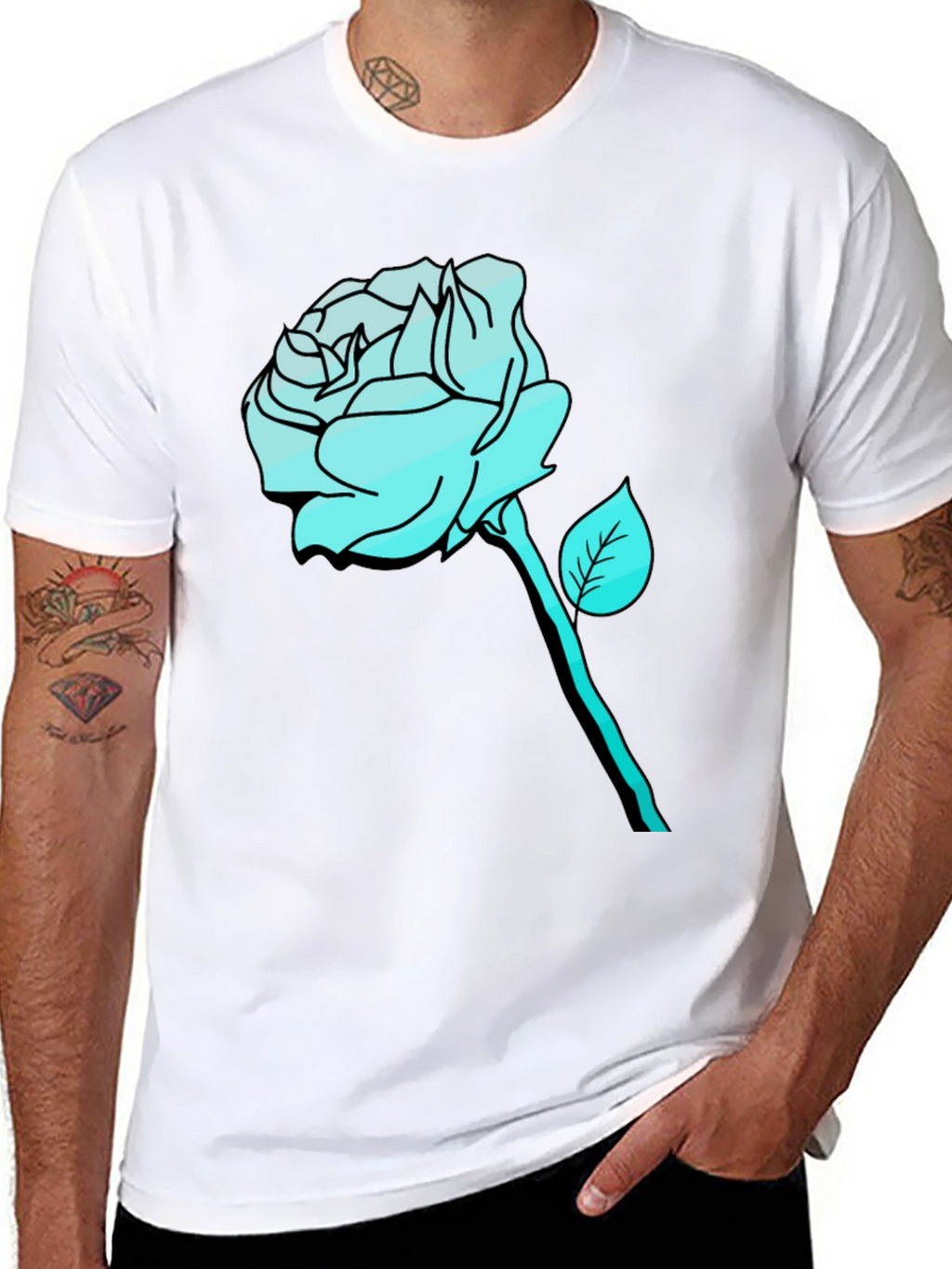 Mens Black T-Shirt with Aqua Rose Graphic