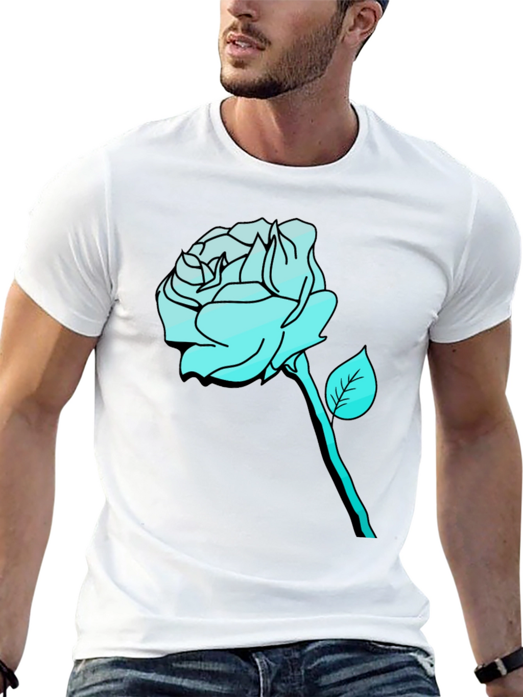 Mens Black T-Shirt with Aqua Rose Graphic