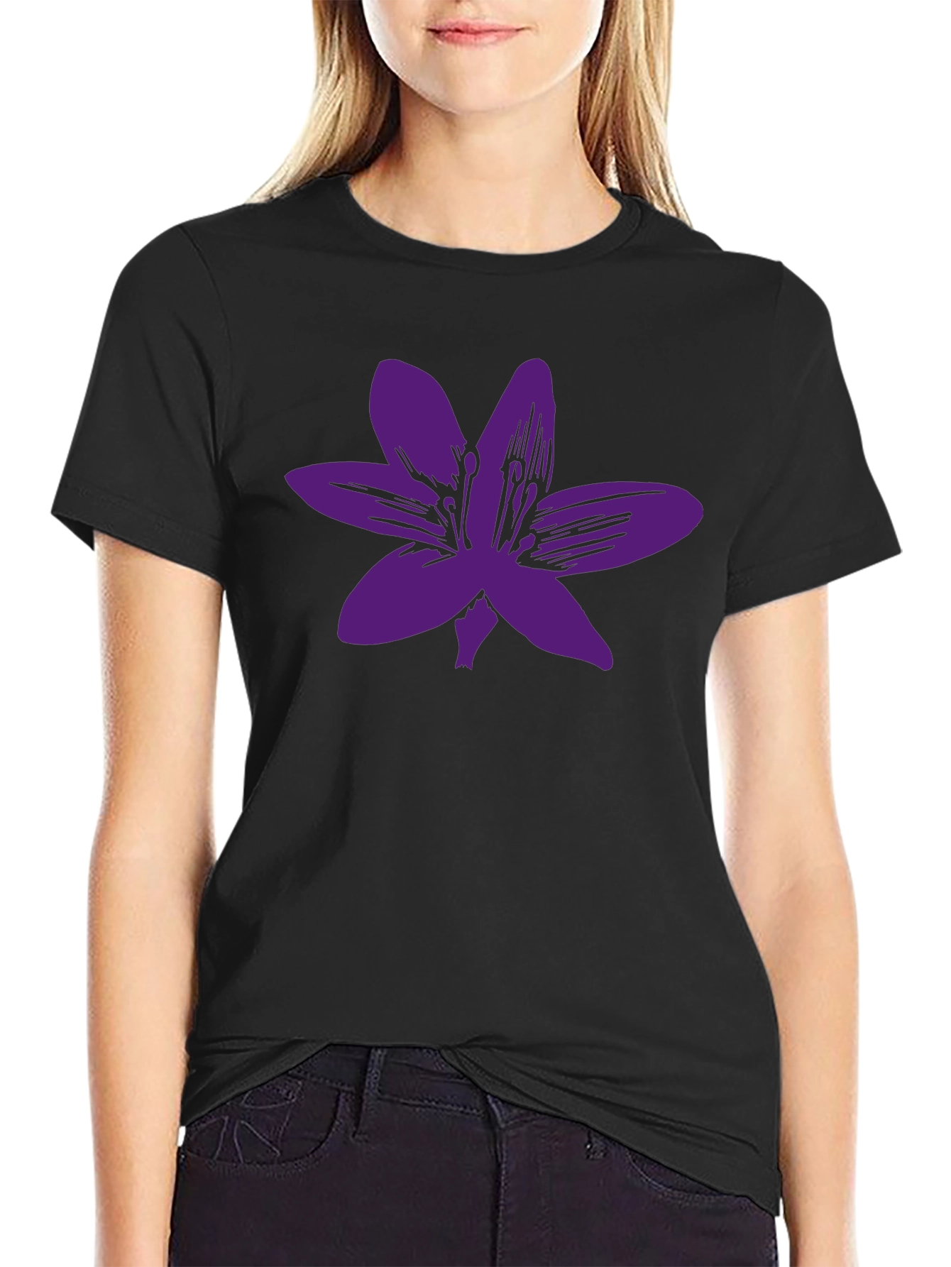 Black T-Shirt with Purple Flower Graphic