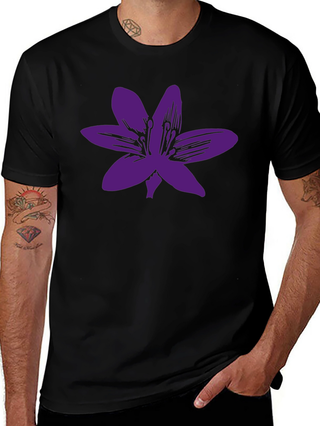 Black T-Shirt with Purple Flower Graphic