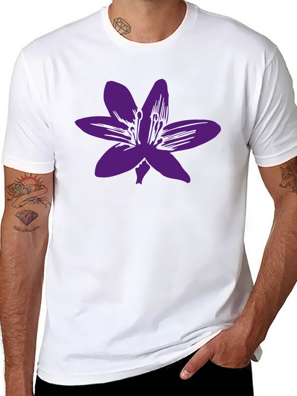 Black T-Shirt with Purple Flower Graphic