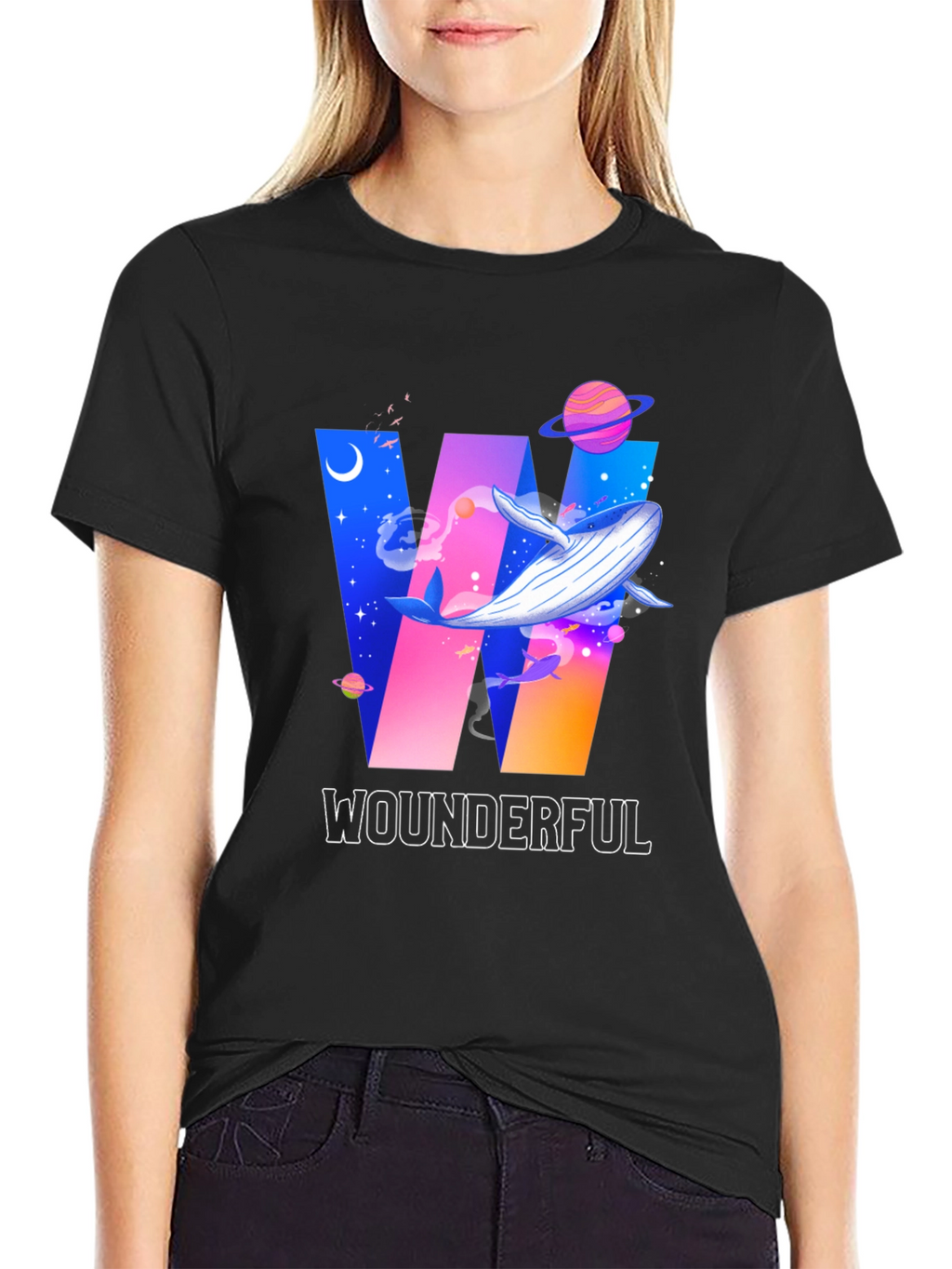 Wounderful Whale Graphic Print Crew Neck T-Shirt
