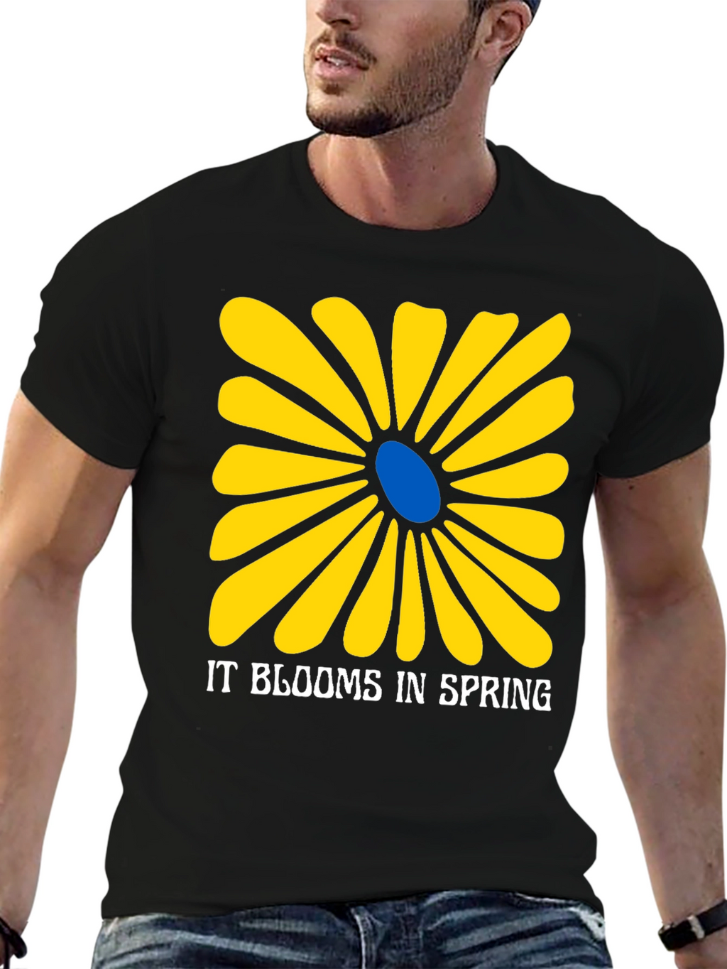 Spring Flower Graphic Tee - Black Cotton T-Shirt