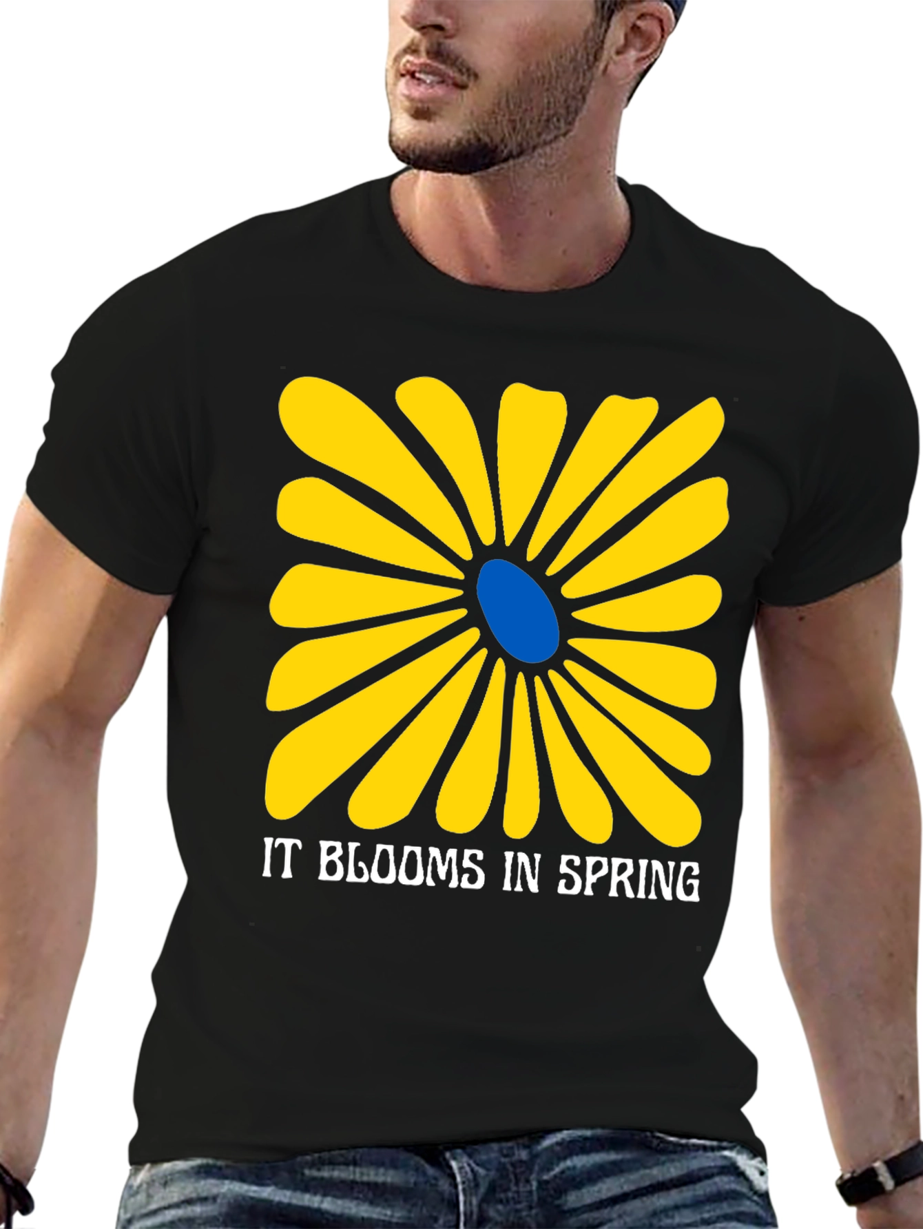 Spring Flower Graphic Tee - Black Cotton T-Shirt