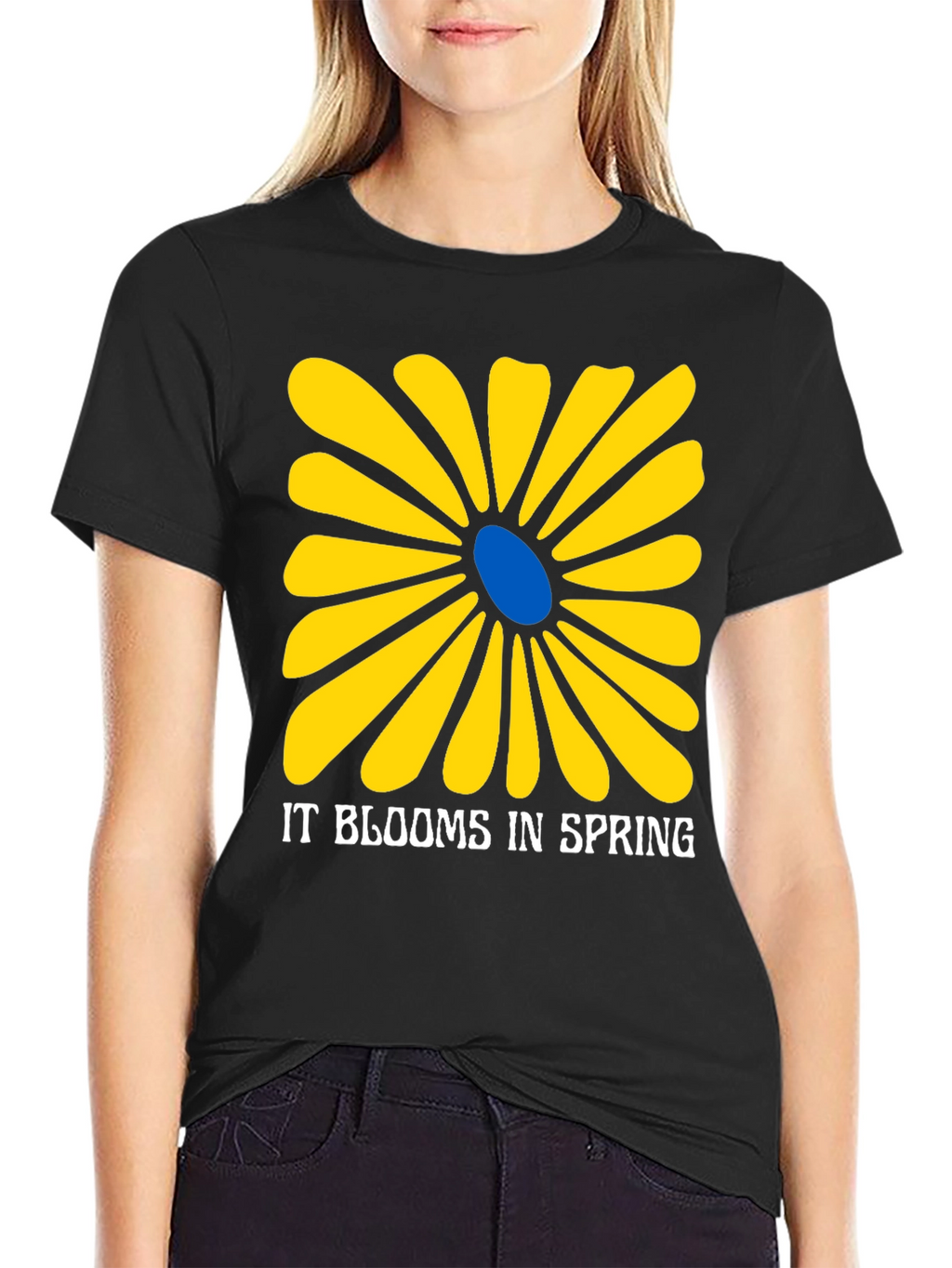 Spring Flower Graphic Tee - Black Cotton T-Shirt