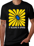 Spring Flower Graphic Tee - Black Cotton T-Shirt