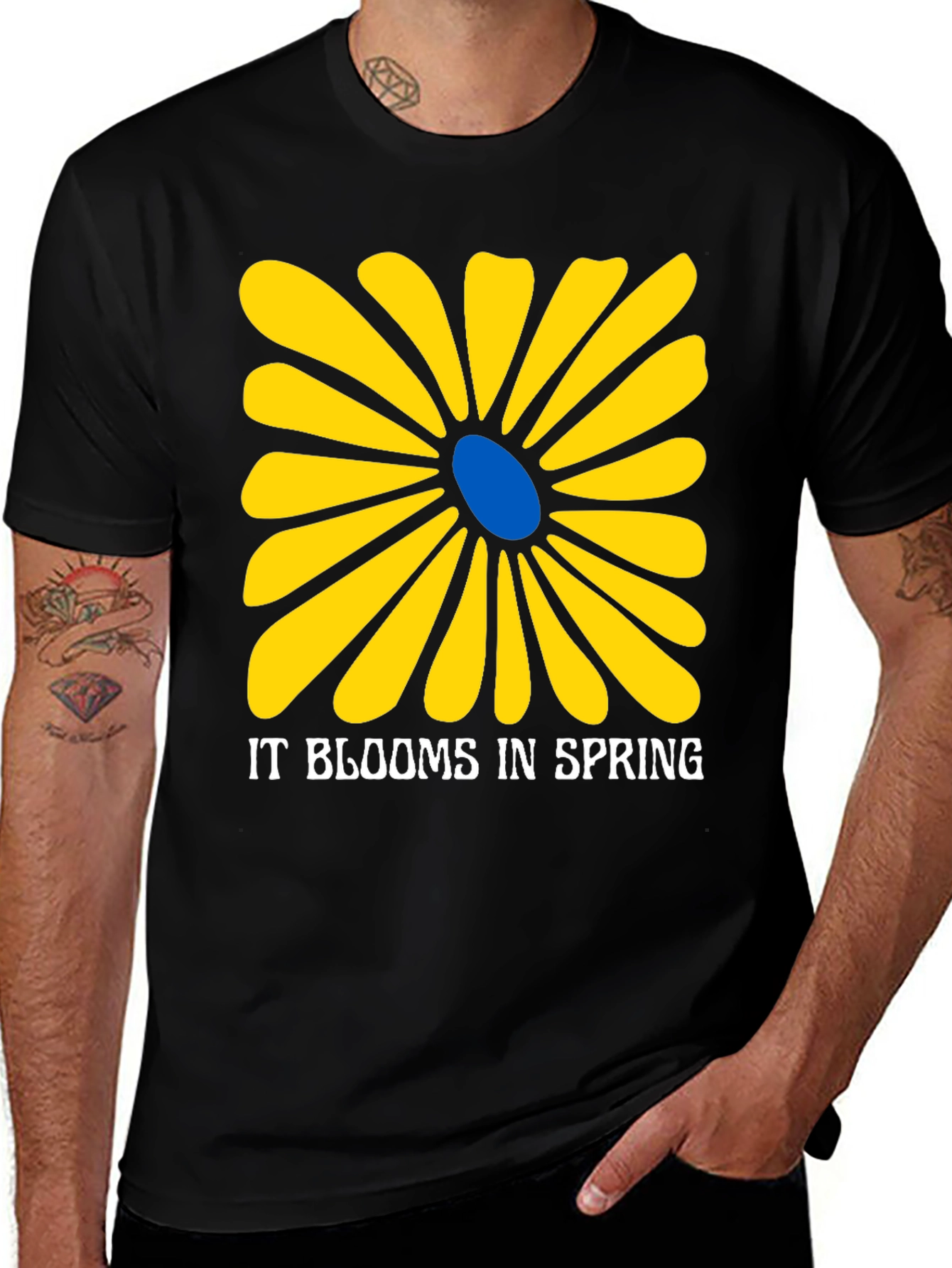Spring Flower Graphic Tee - Black Cotton T-Shirt