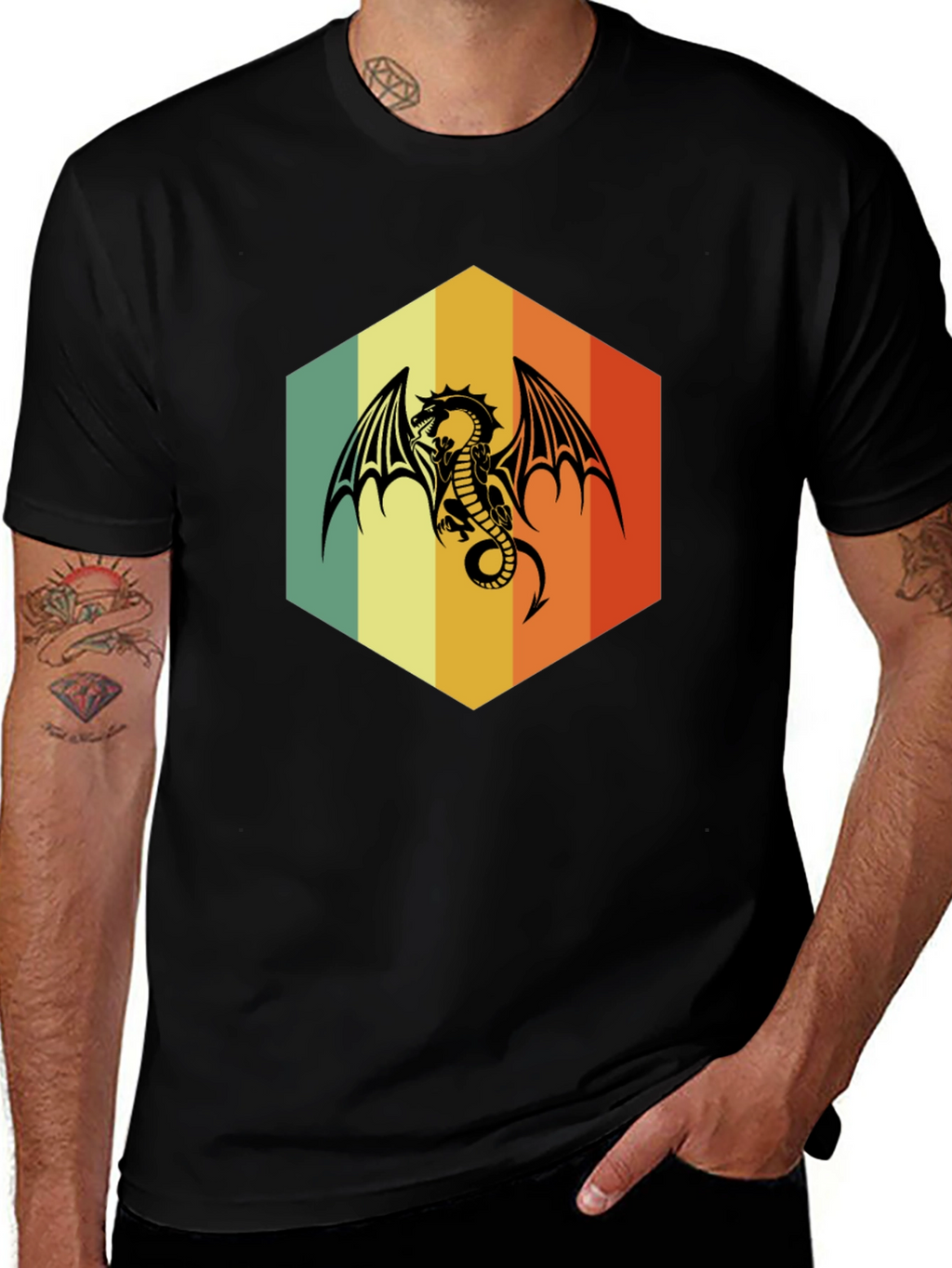 Retro Dragon Graphic Tee - Unique Hexagon Design