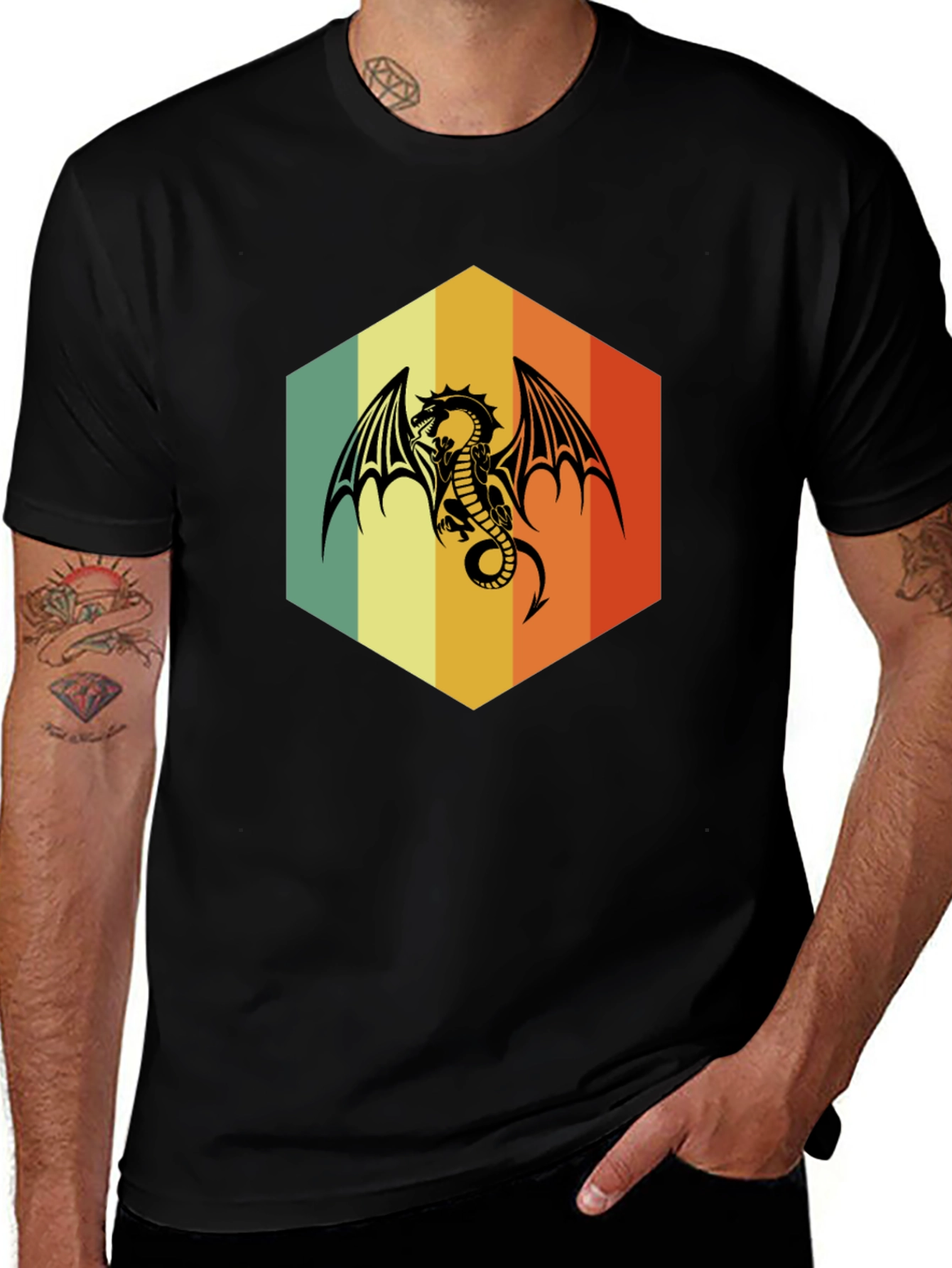 Retro Dragon Graphic Tee - Unique Hexagon Design