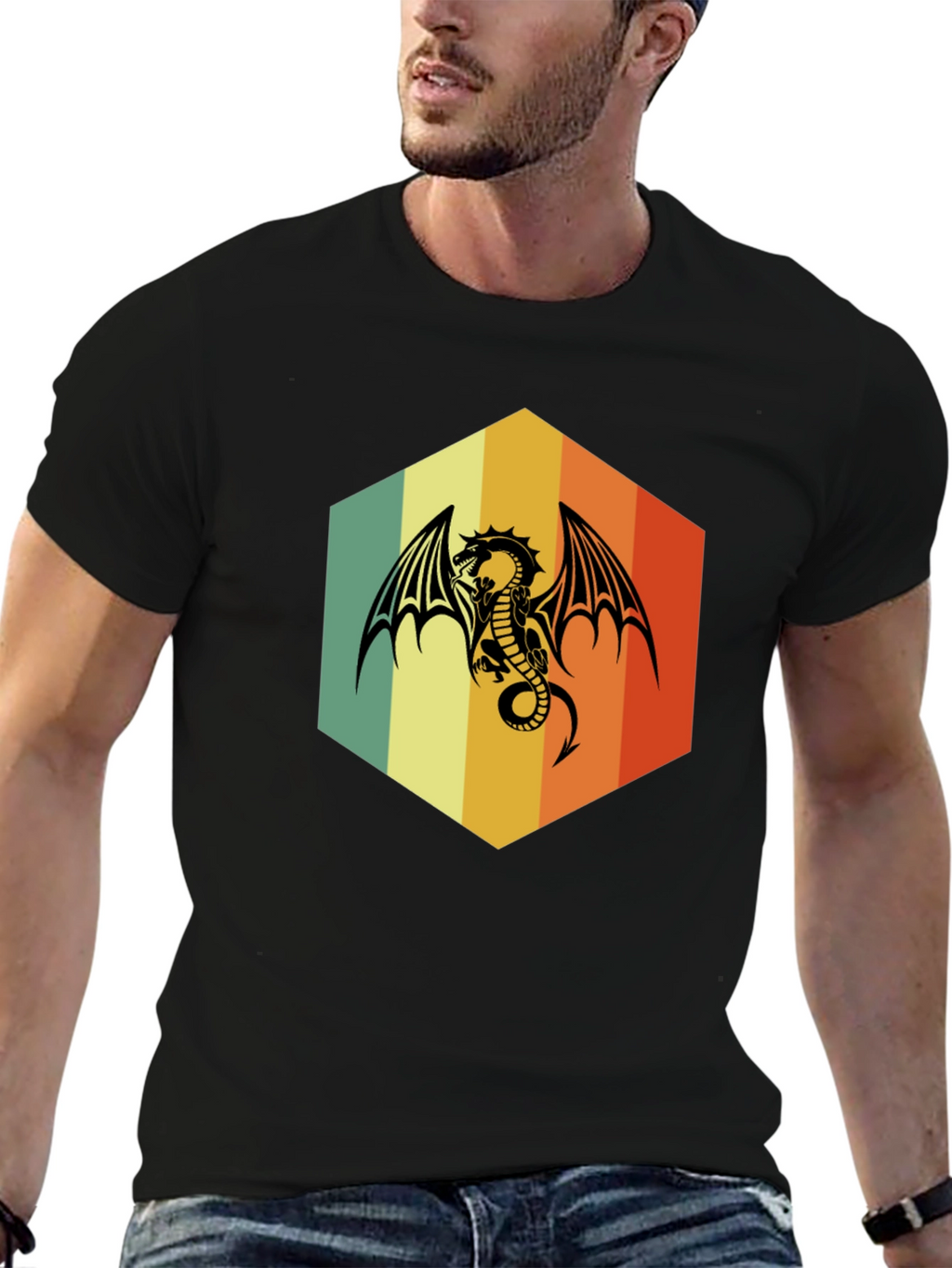 Retro Dragon Graphic Tee - Unique Hexagon Design