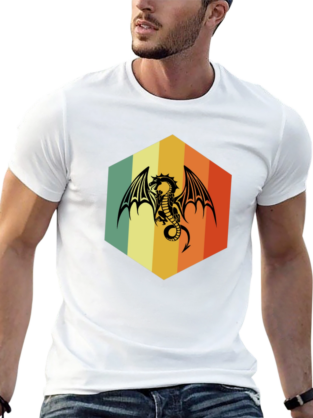 Retro Dragon Graphic Tee - Unique Hexagon Design