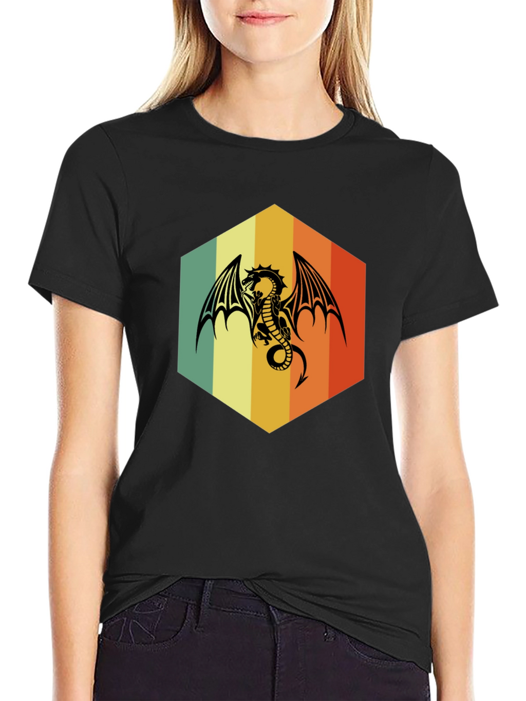 Retro Dragon Graphic Tee - Unique Hexagon Design