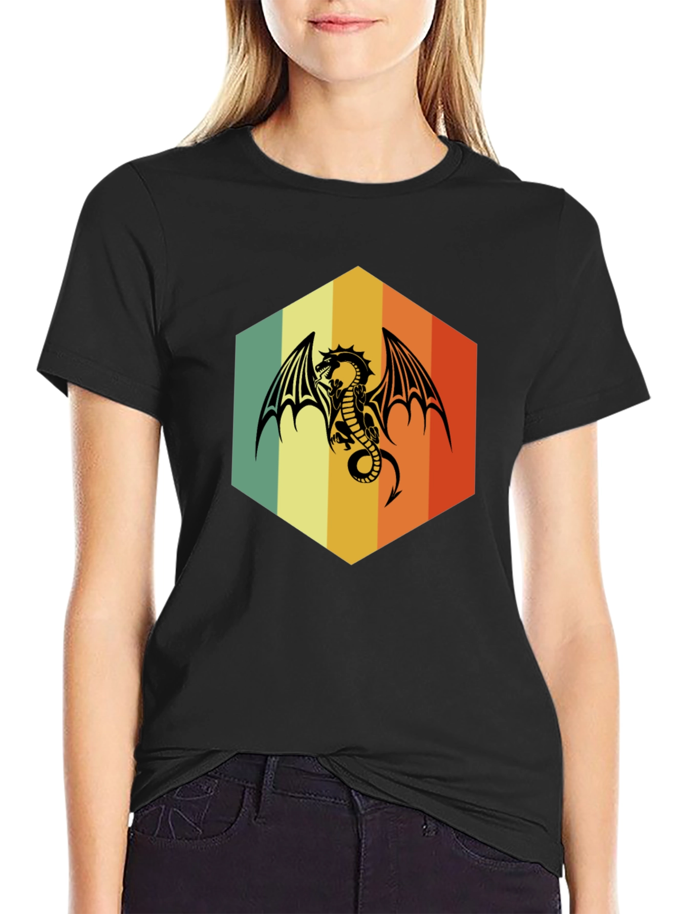 Retro Dragon Graphic Tee - Unique Hexagon Design