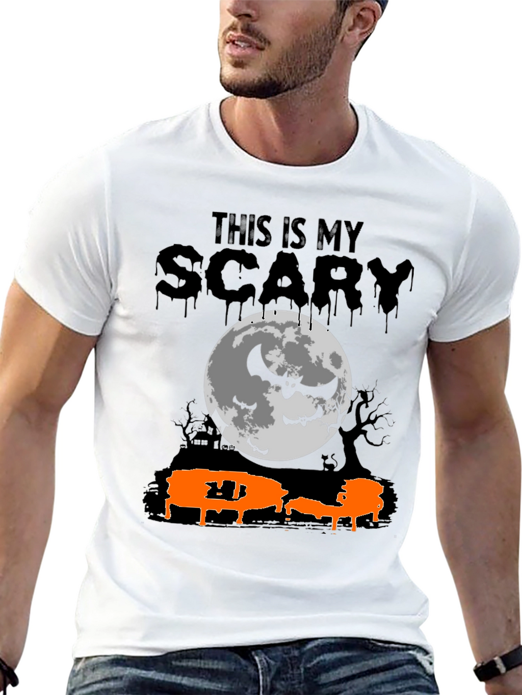 Scary Halloween T-Shirt - Bats & Moon Design