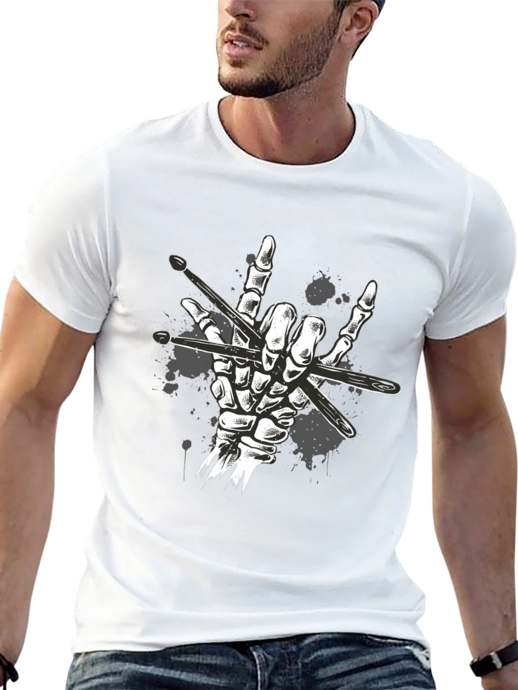 Rock Hand Drummer T-Shirt - Skeleton Drumsticks Music Tee