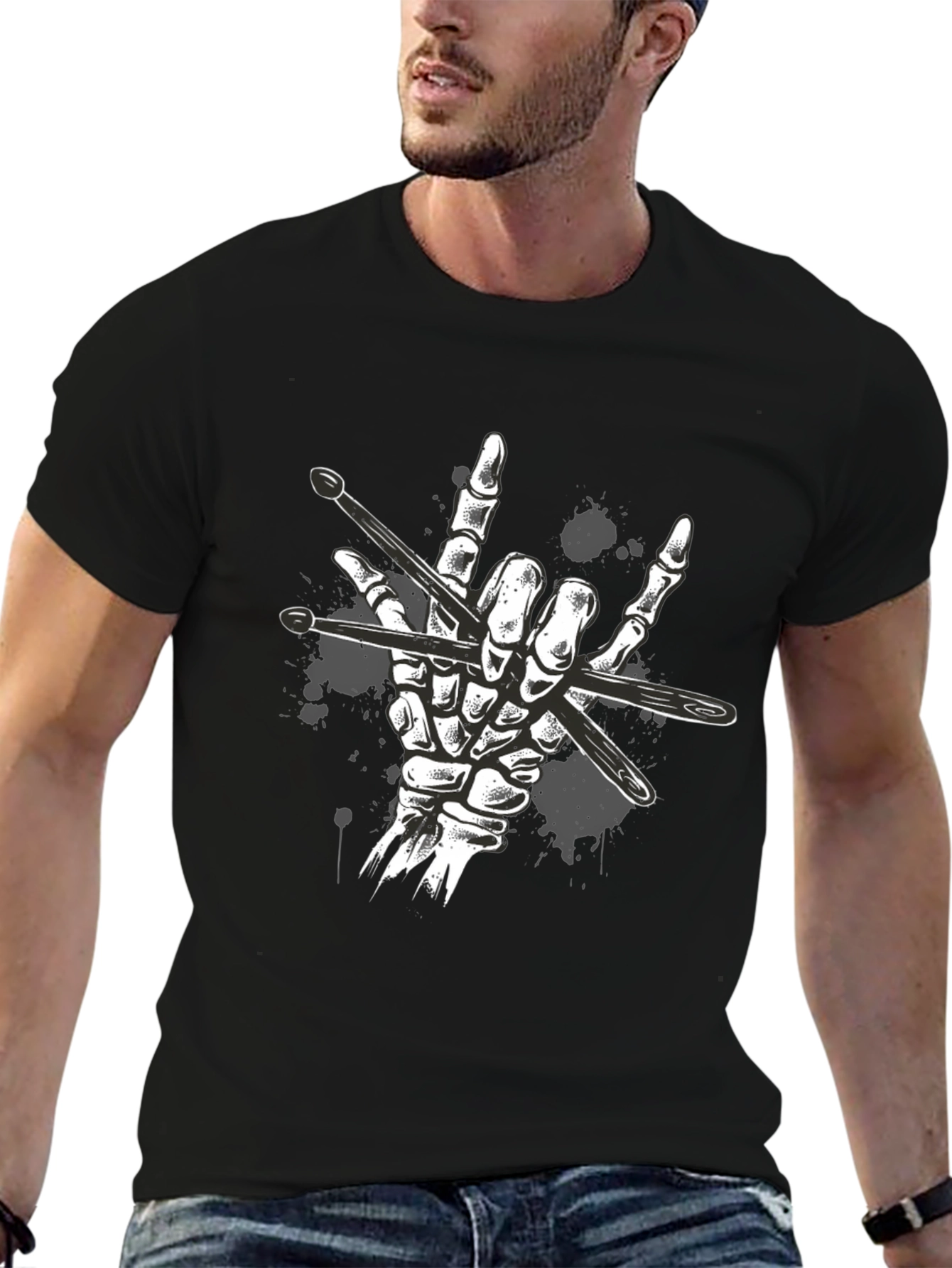 Rock Hand Drummer T-Shirt - Skeleton Drumsticks Music Tee