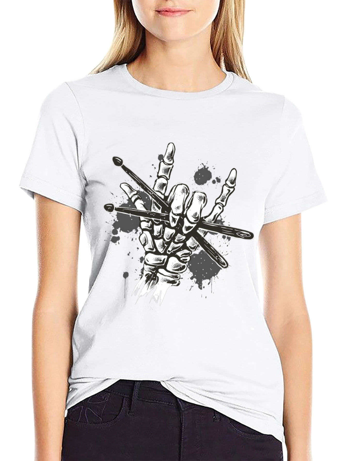 Rock Hand Drummer T-Shirt - Skeleton Drumsticks Music Tee