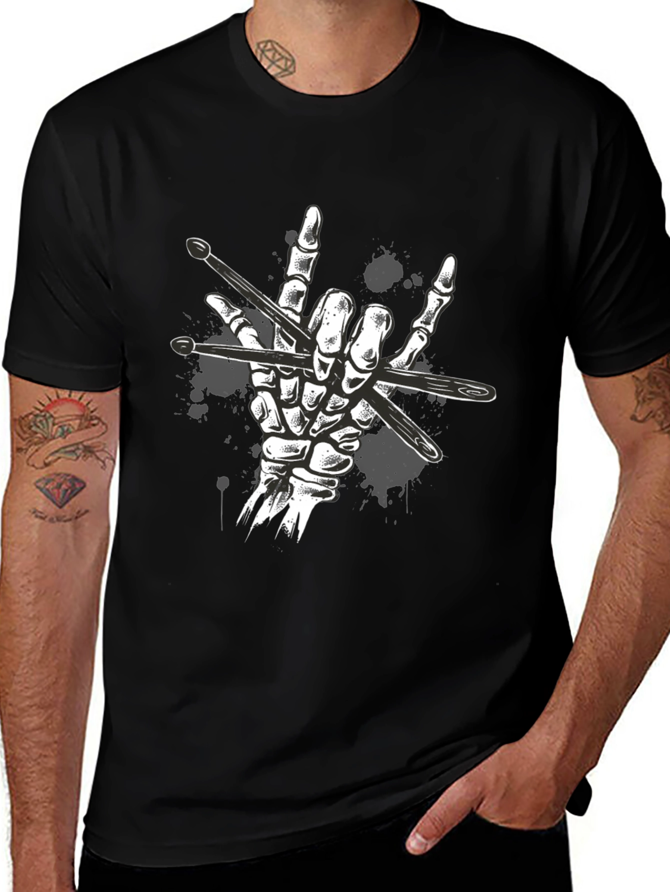 Rock Hand Drummer T-Shirt - Skeleton Drumsticks Music Tee
