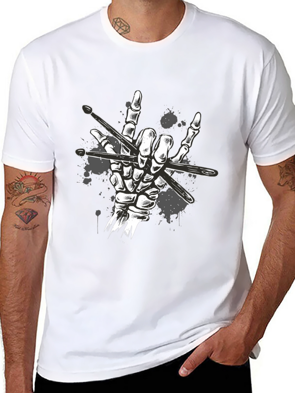 Rock Hand Drummer T-Shirt - Skeleton Drumsticks Music Tee