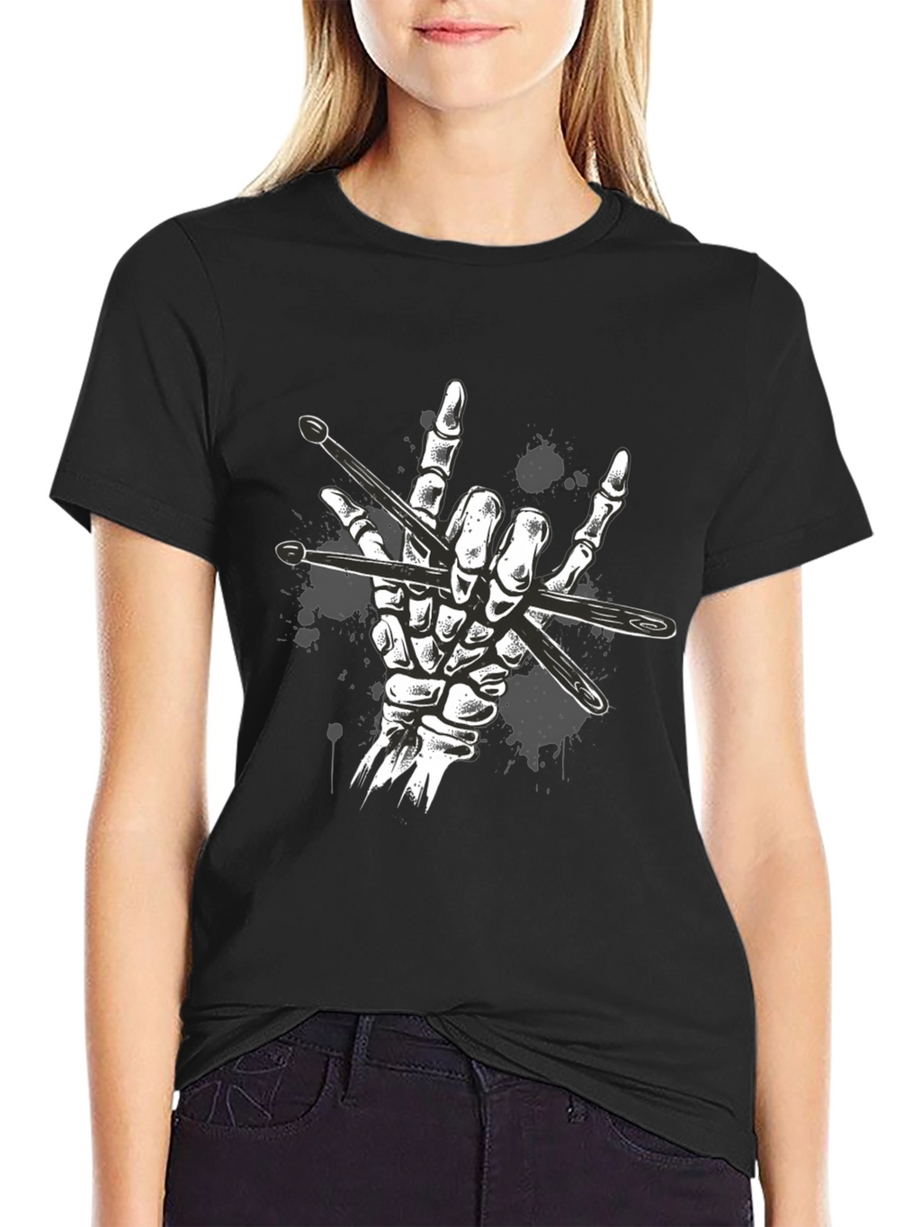 Rock Hand Drummer T-Shirt - Skeleton Drumsticks Music Tee