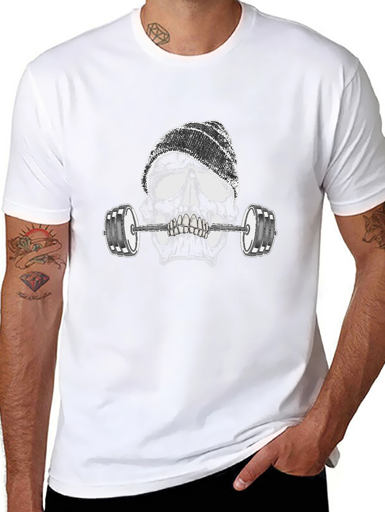 Skull Lifting Weights Graphic Black T-Shirt