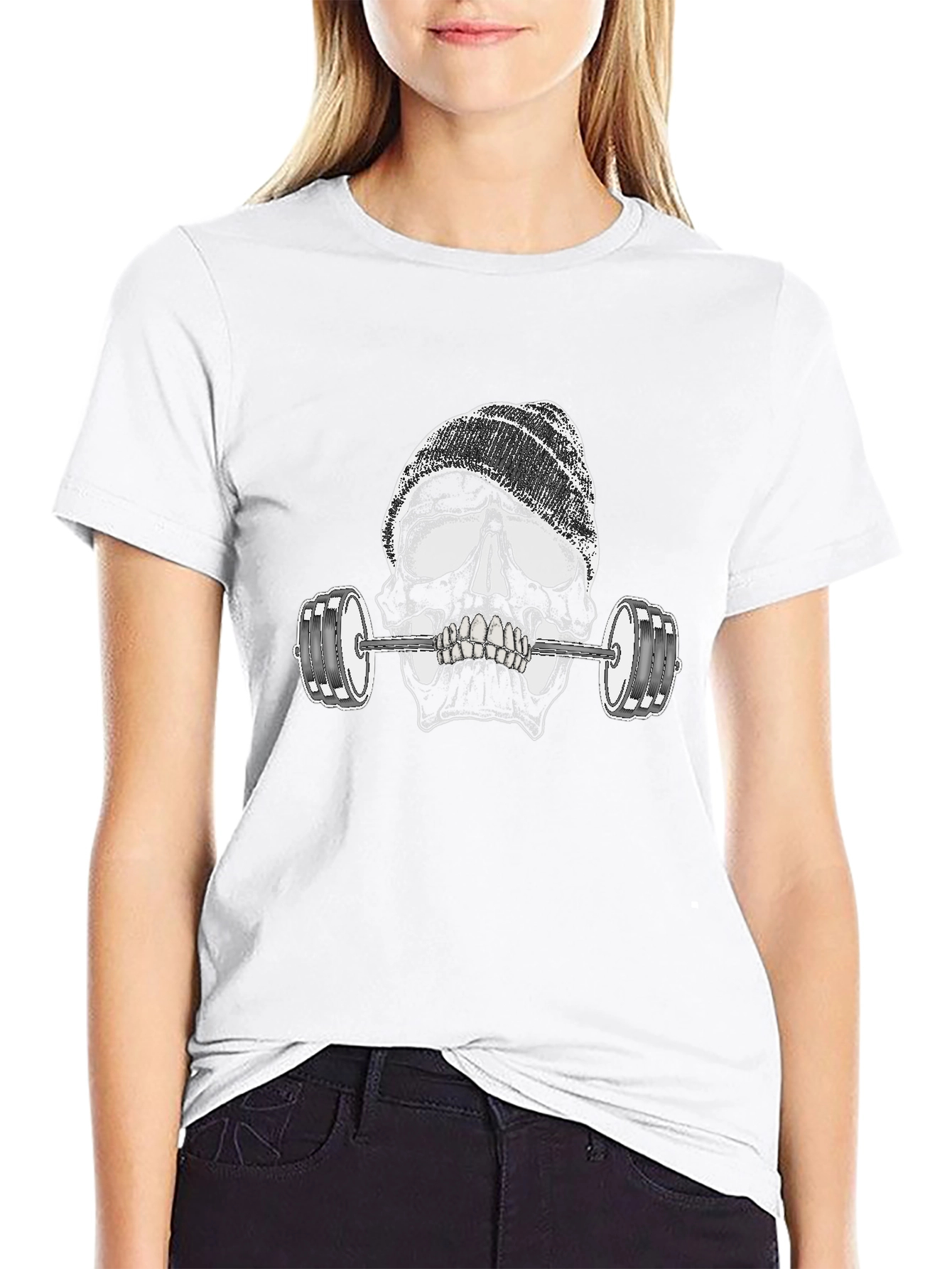 Skull Lifting Weights Graphic Black T-Shirt