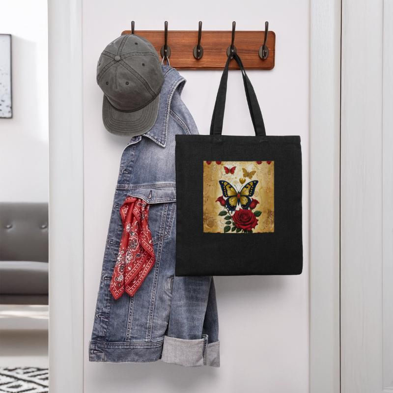 Elegant golden butterfly with blooming red roses