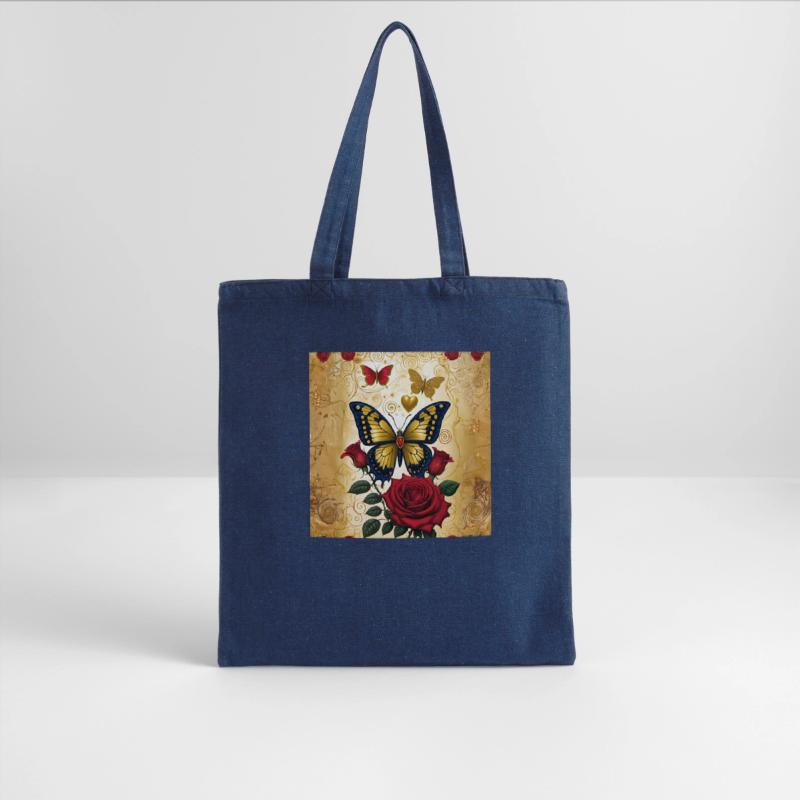 Elegant golden butterfly with blooming red roses