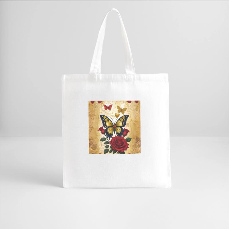 Elegant golden butterfly with blooming red roses