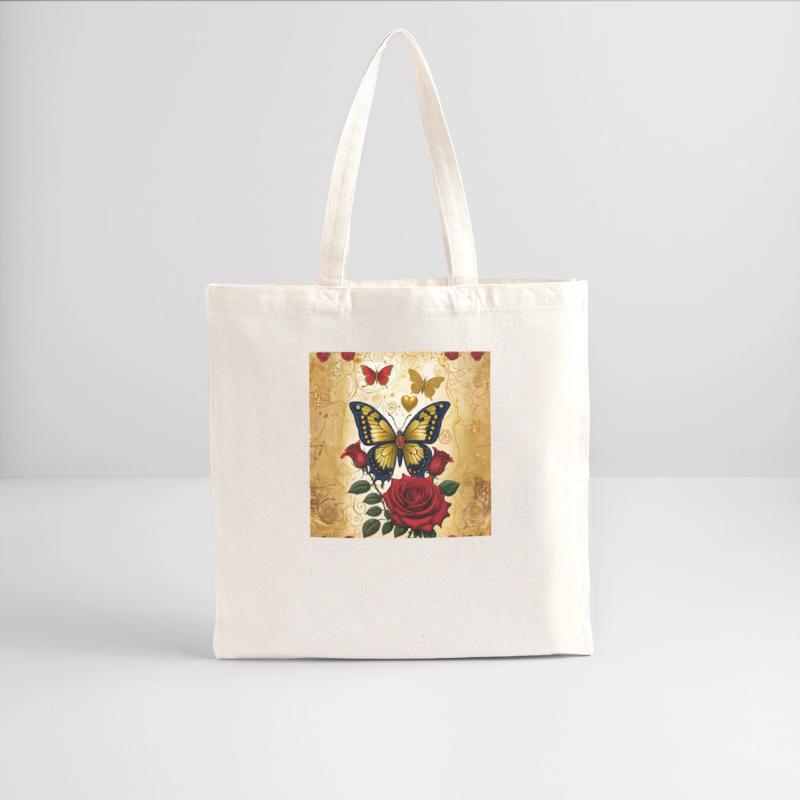 Elegant golden butterfly with blooming red roses