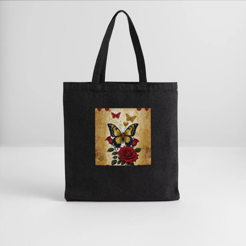 Elegant golden butterfly with blooming red roses