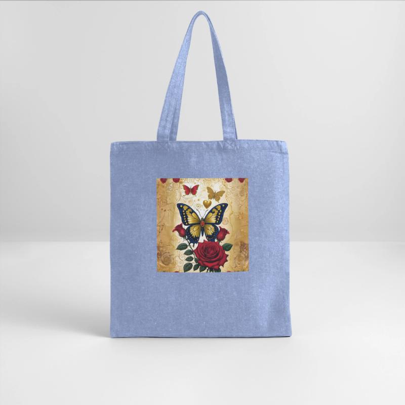 Elegant golden butterfly with blooming red roses