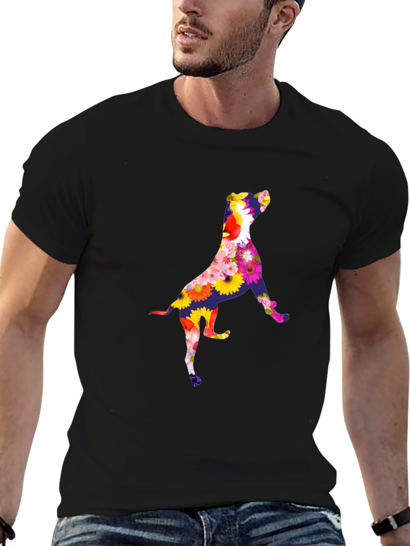 Floral Dog Graphic Tee - Black Cotton T-Shirt