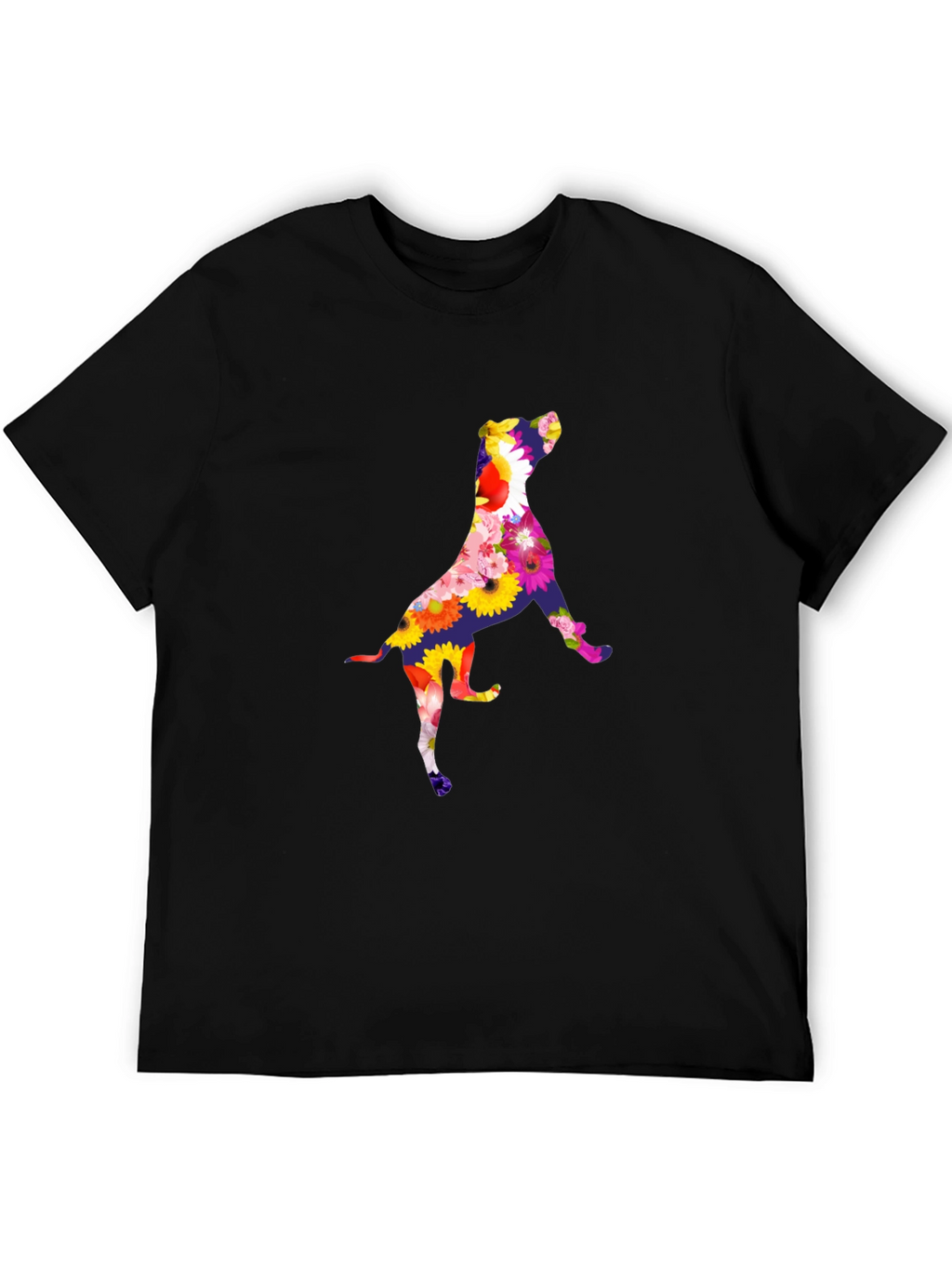Floral Dog Graphic Tee - Black Cotton T-Shirt