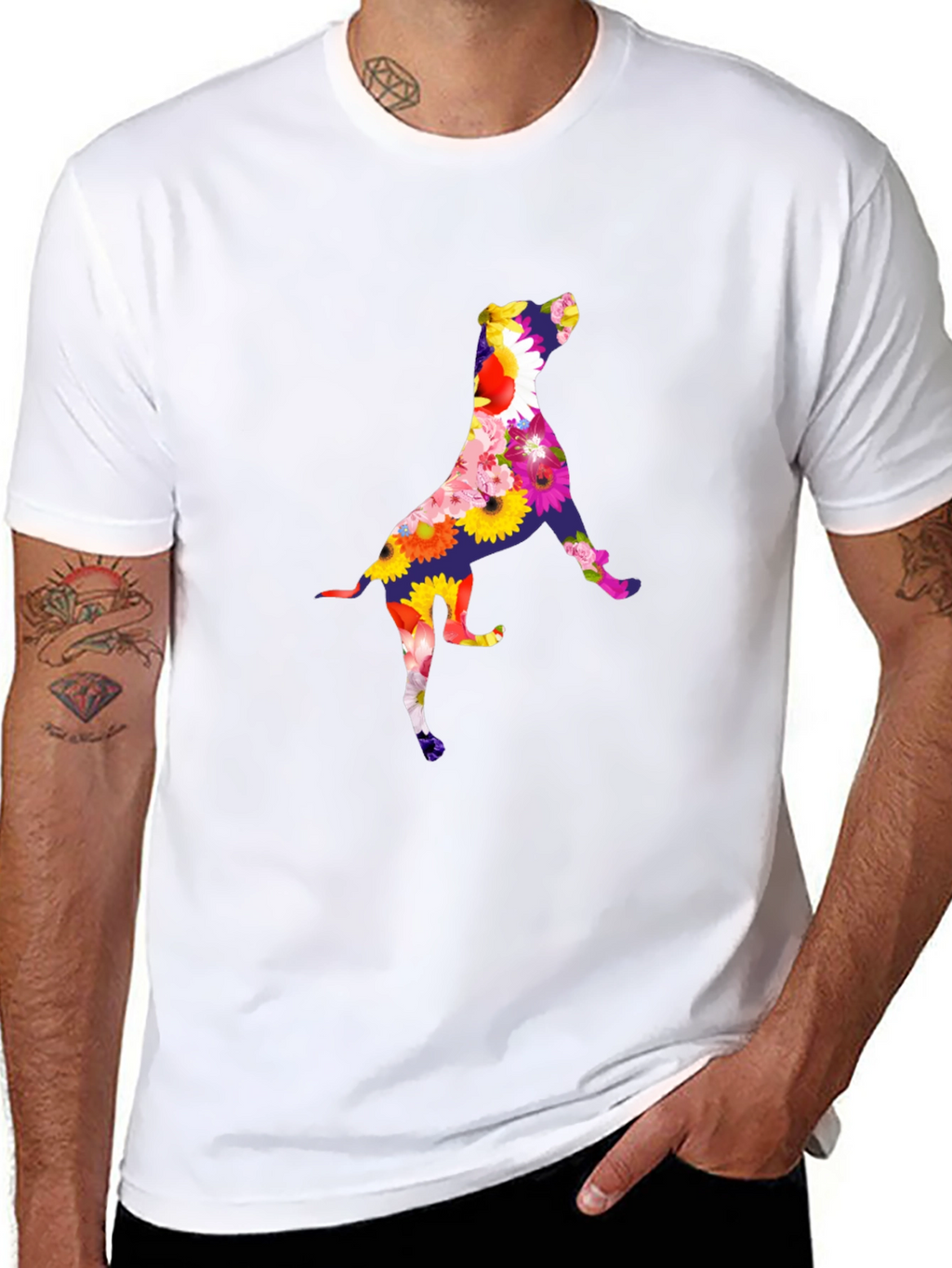 Floral Dog Graphic Tee - Black Cotton T-Shirt