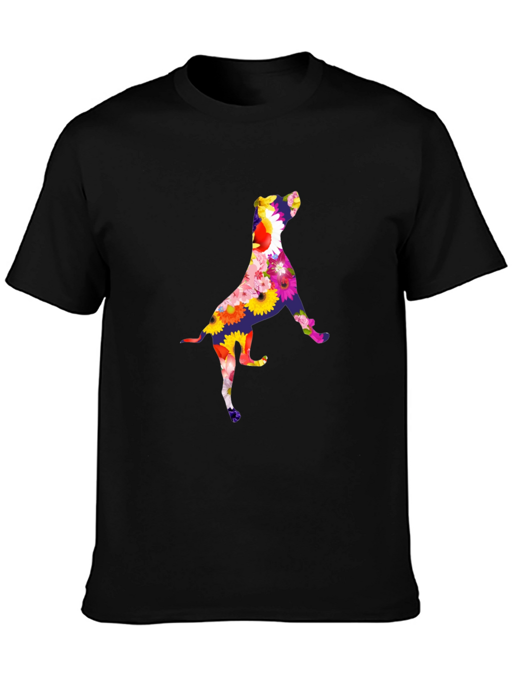 Floral Dog Graphic Tee - Black Cotton T-Shirt