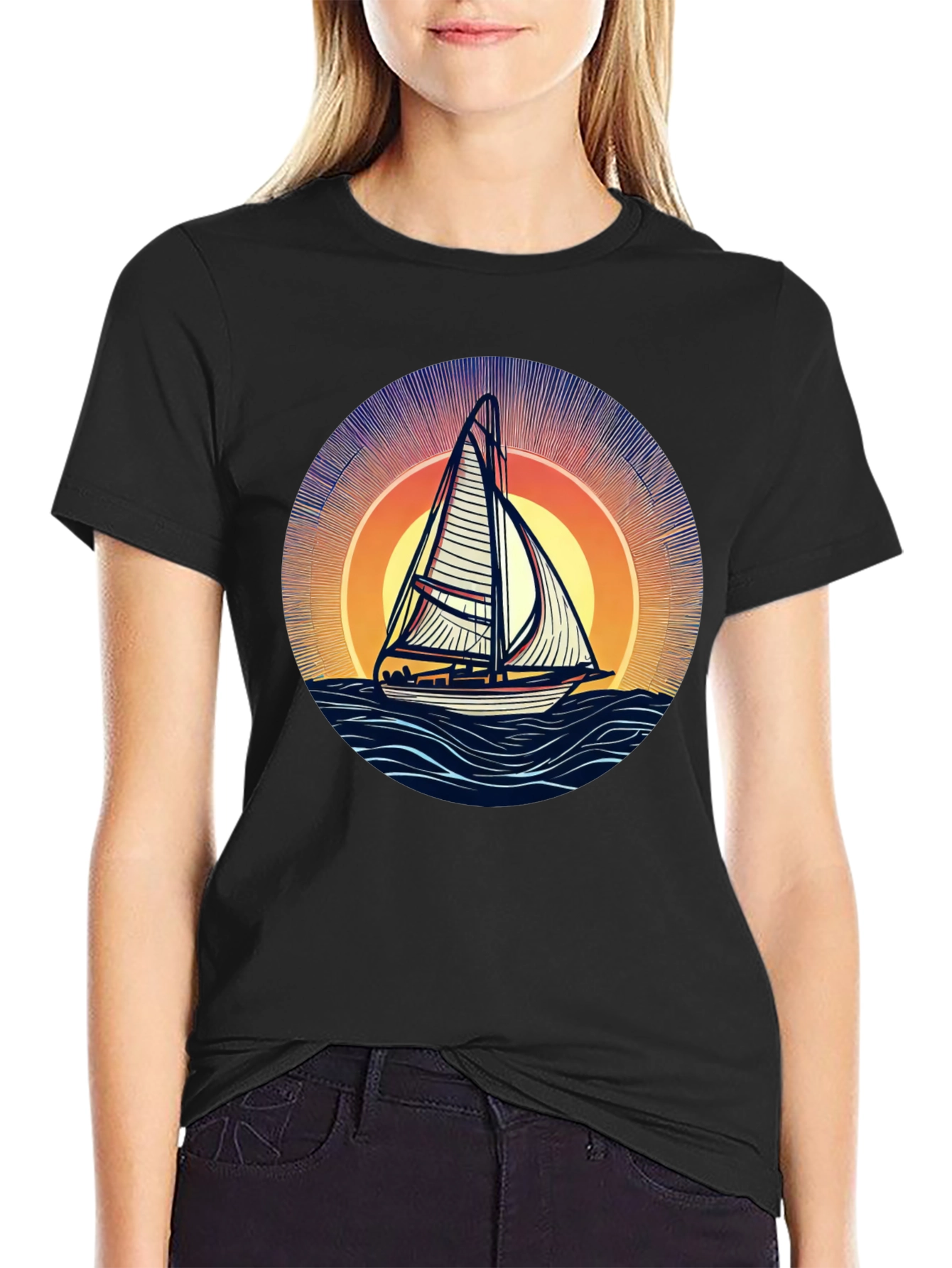 Sailing at Sunset Black T-Shirt